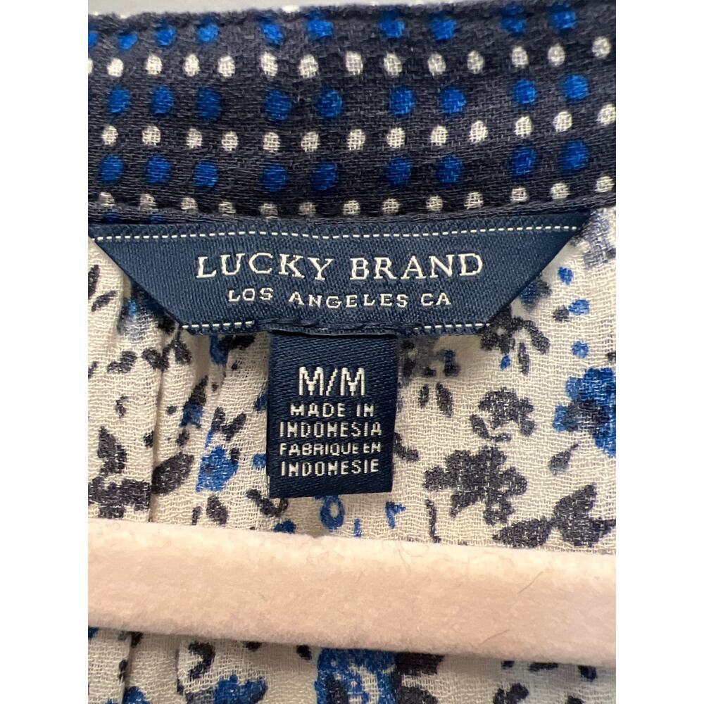 Lucky Brand Women’s Floral Boho Peasant V-Neck Tassel Tie Top Size M Blue Gray - Picture 2 of 3